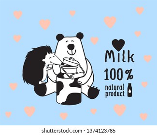 Cute bear with a hedgehog holding a can of milk. Vector image