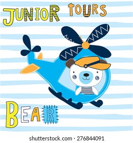 cute bear with helicopter, T-shirt design vector illustration
