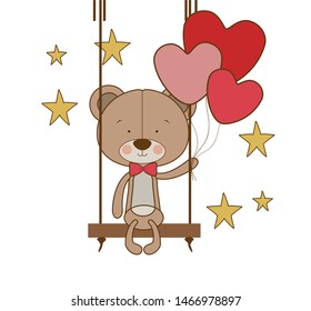 cute bear with helium balloons on white background