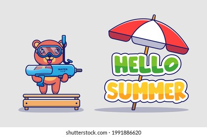 Oso lindo con pancarta de saludo de verano de hola