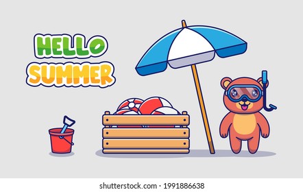 Oso lindo con pancarta de saludo de verano de hola