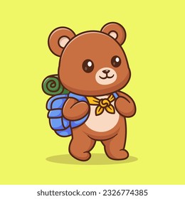 Cute Bear Hiking With Backpack Cartoon Vector Icon Illustration. Animal Holiday Icon Concept Isolated Premium Vector. Flat Cartoon Style