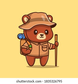 Cute Bear Hiking Cartoon Vector Icon Illustration. Animal Adventure Icon Concept Isolated Premium Vector. Flat Cartoon Style