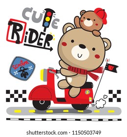 Cute bear and his brother on red scooter isolated on white background illustration vector.