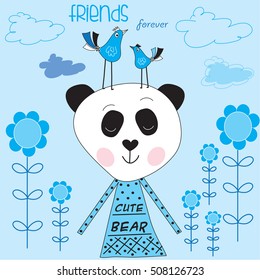 cute bear his head with birds and flowers and clouds vector illustration