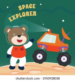 Cute bear and his Rover  exploring the red planet. Mission to search for traces of life. Creative vector childish background for fabric, textile, nursery wallpaper, poster. and other decoration.