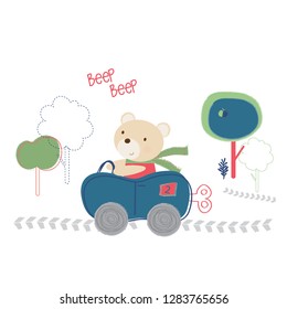 A cute bear in his wind up racing car, with trees and tyre tracks, 10 vector images.