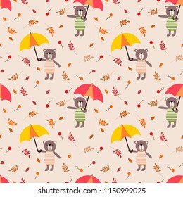 Cute bear hold colorful umbrella on autumn leaves seamless pattern.