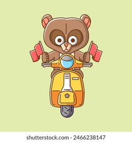 Cute bear hold flag riding scooter animal kawaii chibi character mascot illustration outline  set