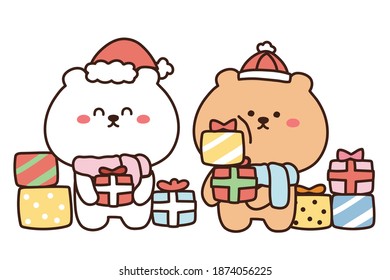 Cute bear hold gift on white background.Winter christmas concept.Animals character design.New year.Vector.Illustration.Illustrator.