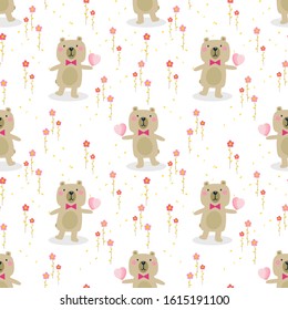 Cute bear hold a heart seamless pattern. Cute Valentine concept. 