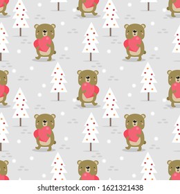 Cute bear hold a heart seamless pattern. Cute Valentine concept. 