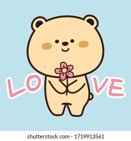 Cute bear hold pink flower hand drawn on blue background.Animal doodle.Cartoon character desgin.Kawaii teddy.Kid graphic.Image for card,poster,decor,sticker,children cloth.Vector.Illustration.