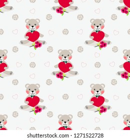 Cute bear hold red heart seamless pattern. Lovely Valentine theme.