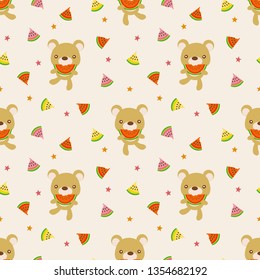 Cute bear hold watermelon seamless pattern. Lovely animal in summer concept.