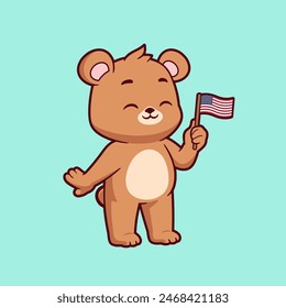 Cute bear holding american flag vector cartoon illustration