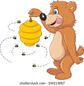 Cute bear holding Bee hive 