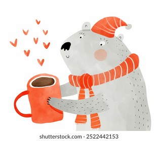 Cute Bear Holding Big Mug of Coffee. Coffee Steaming With Red Hearts. Gray Hand-painted Teddy Bear Wearing Red Woolen Hat and Scarf. Lovely Nursery Art with Bear Drinking Hot Coffee. Winter Time. RGB.