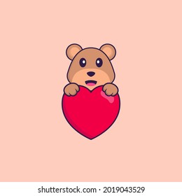 Cute bear holding a big red heart. Animal cartoon concept isolated. Can used for t-shirt, greeting card, invitation card or mascot.