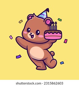 Cute Bear Holding Birthday Cake Cartoon Vector Icon Illustration. Animal Food Icon Concept Isolated Premium Vector. Flat Cartoon Style