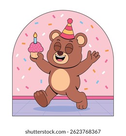 Cute Bear Holding Birthday Cupcake
