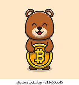 Cute bear holding bitcoin cartoon vector icon illustration. Animal business mascot character concept isolated vector. Flat cartoon style