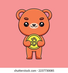 cute bear holding bitcoin cartoon mascot doodle art hand drawn outline concept vector kawaii icon illustration
