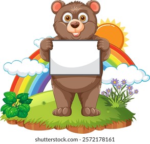 A cute bear holding a blank sign