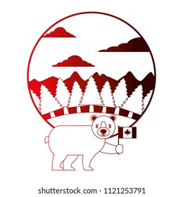 cute bear holding canadian flag in landscape