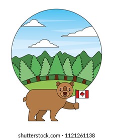 cute bear holding canadian flag in landscape