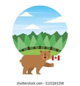 cute bear holding canadian flag in landscape