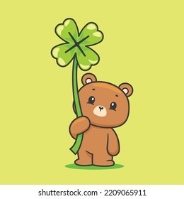 Cute bear holding clover leave illustration icon