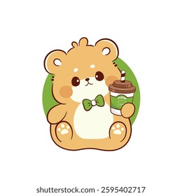 Cute bear holding coffee cup kawaii logo