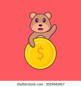 Cute bear holding coin. Animal cartoon concept isolated. Can used for t-shirt, greeting card, invitation card or mascot.