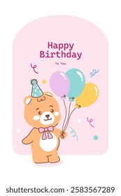 A cute bear holding a colorful balloon with a 'Happy Birthday to You' message. Perfect for a cheerful birthday card design, ideal for children’s celebrations and joyful occasions.