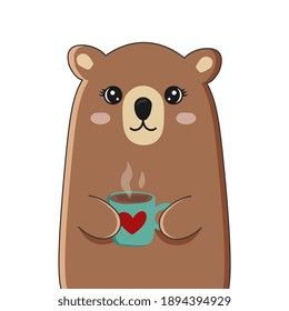 Eisbär mit heißem Kakao. Helles Tier einzeln auf weißem Hintergrund.