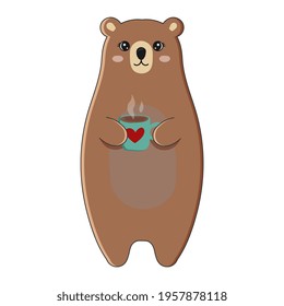 Cute bear holding cup with hot cocoa. Funny animal isolated on white background.