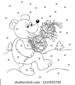 Cute bear is holding decorated dogwood twig for the holidays. Black and white vector for card or gift, for coloring.