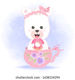 Cute bear holding donut in cup hand drawn cartoon animal watercolor illustration