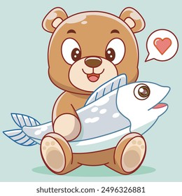 cute bear holding fish to eat cartoon vector illustration mascot animal food isolated