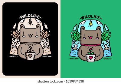 Cute bear holding flower doodle illustration for poster, sticker, or apparel merchandise.With vaporwave/synthwave style, aesthetics of 80s.