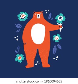 Cute bear holding flower flat vector illustration. Adorable forest wildlife hand drawn character. Funny animal in striped sweater isolated on blue background. Childish t shirt print design