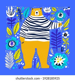 Cute bear holding flower flat vector illustration. Adorable forest wildlife hand drawn character. Funny animal in striped sweater isolated on blue background. Childish t shirt print design