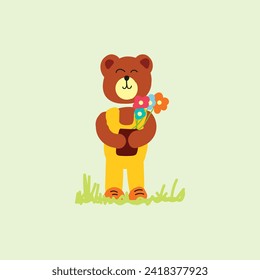 Cute Bear holding flowers vector illustration for fabric, textile and print