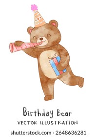 Cute bear holding a gift and blowing trumpet in birthday celebration. Watercolor vector perfect for nursery, birthday party, print for invitation card, poster template
