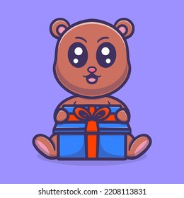 Cute bear holding gift cartoon vector icon illustration