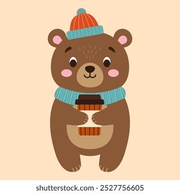 Cute bear holding a glass of coffee, flat illustration