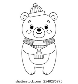 Cute bear holding a glass of coffee. Coloring page. Vector simple flat illustration