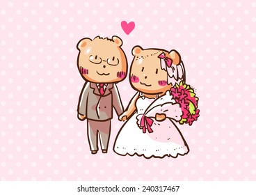 cute bear holding hand wedding couple vector