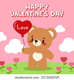 Cute Bear Holding a Heart Balloon for Valentine’s Day. Adorable Valentine’s Day Illustration with Teddy Bear and Love Balloon. Happy Valentine’s Day Kawaii Bear with Romantic Heart Balloon.